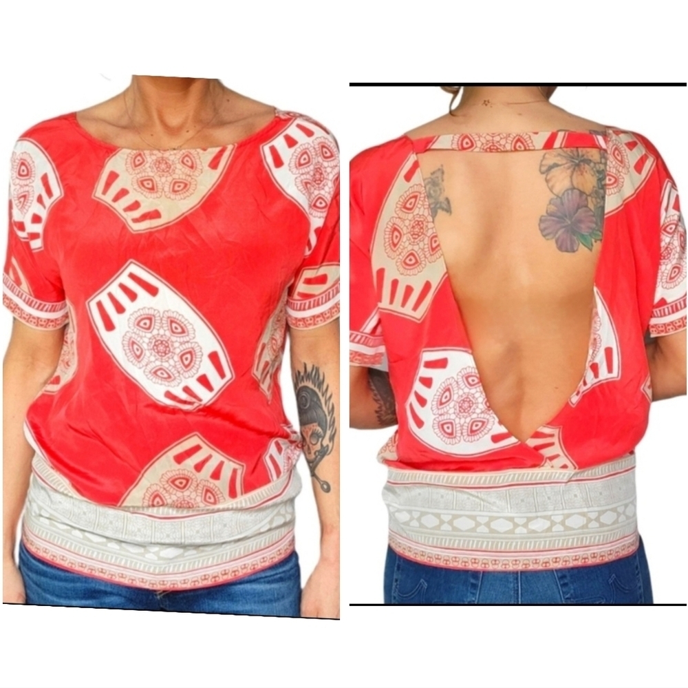 Crème Fraîche Open Back Silk Blouse Size X Small Orange Creme Short Sleeve